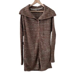 Prana Cardigan Sweater Large Brown Green Marled Zip Front Longline Shawl Collar